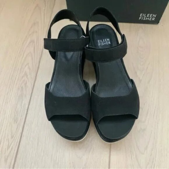 Eileen Fisher Black Beck Sporty Platform Wedge Heeled Sandals - Picture 7 of 11